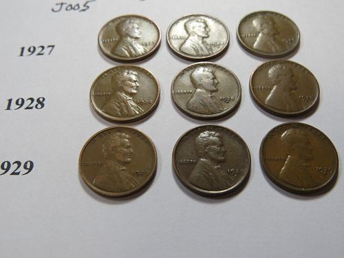 1927-PDS 1928-PDS 1929-PDS LINCOLN WHEAT CENTS (LOT OF 9 CENTS) LOT J005