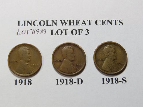 1918-P 1918-D 1918-S LINCOLN WHEAT CENTS  (LOT OF 3 Coins) LOT H939