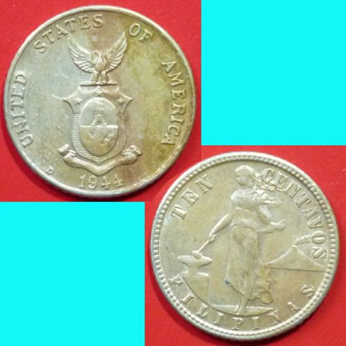 Philippines US Administration 10 Centavos 1944 D KM# 181 Silver