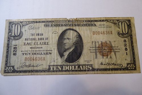 1929 $10 bill with red lettering in fair condition