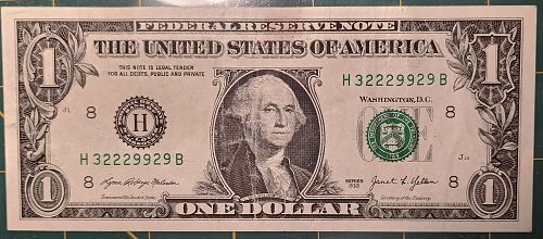 Series 2021 St Louis, MO (H) ONE DOLLAR Federal Reserve Note Fancy serial # TRINARY