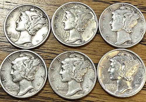 6 EXTREMELY FINE mercury dimes all in the 40’s different date/mints no duplicates