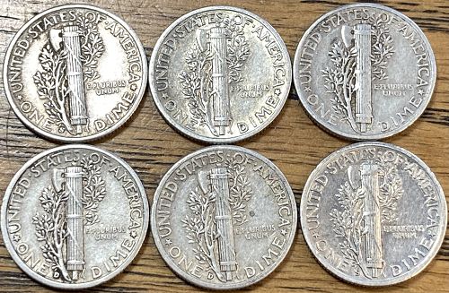 6 EXTREMELY FINE mercury dimes all in the 40’s different date/mints no duplicates