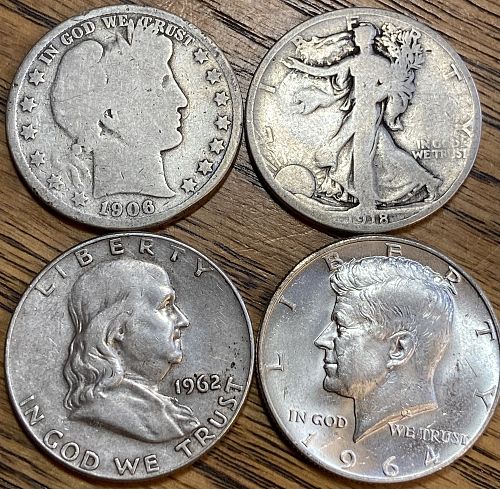 4 silver half dollars 1906-1964 in ALMOST GOOD-ALMOST UNCIRCULATED condition lot 4C