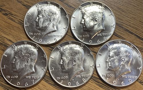 1965-1969D Kennedy halves 40% silver in MINT STATE condition