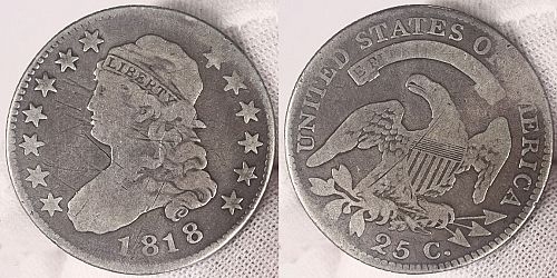 1818 Capped Bust Quarter - Very Good Details: Slightly Bent