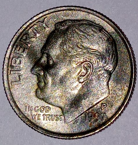 1997 P Roosevelt Dime • Dark Shadowy Toning • BU