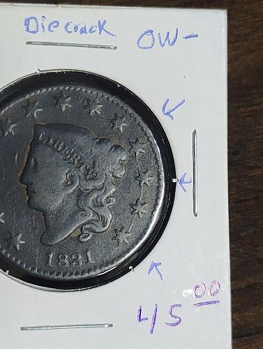1831 large cent vg-8with large die crack on obverse going through 4-stars on right si