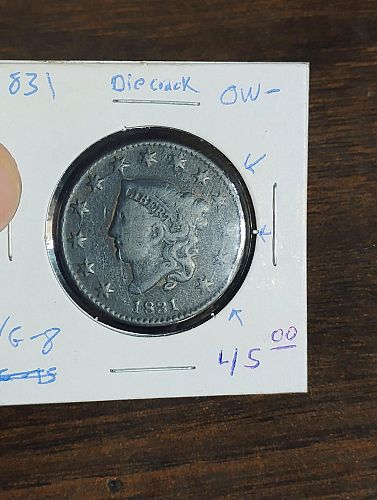 1831 large cent vg-8with large die crack on obverse going through 4-stars on right si