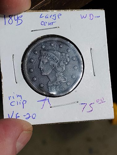 1845 large cent rim clip error vf-20 beautiful coin