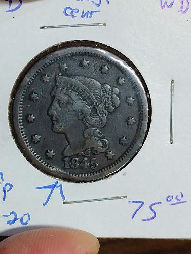 1845 large cent rim clip error vf-20 beautiful coin