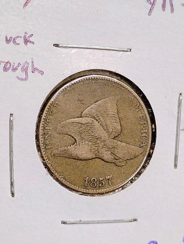 1857 FLYING EAGLE CENT STRUCK THROUGH GREASE OBVERSE F-12