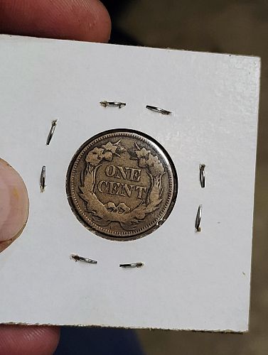 1857 FLYING EAGLE CENT STRUCK THROUGH GREASE OBVERSE F-12