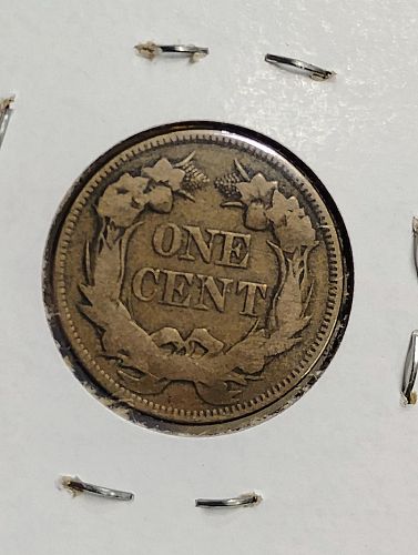 1857 FLYING EAGLE CENT STRUCK THROUGH GREASE OBVERSE F-12
