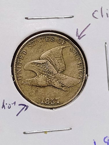 1857 FLYING EAGLE CENT LAMINATION OBVERSE & CLIP VF-20+