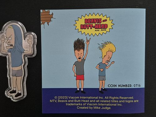 2023 1OZ .999 SILVER BEAVIS CORNHOLIO SHAPED COIN IN BOX