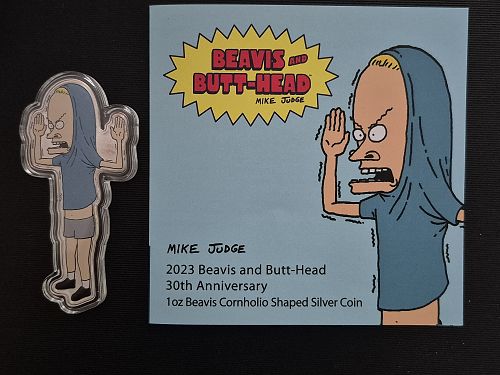 2023 1OZ .999 SILVER BEAVIS CORNHOLIO SHAPED COIN IN BOX