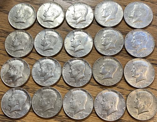 1 roll of 20 1967 Kennedy halves In circulated condition