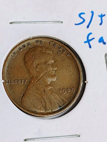 1909 v.d.b. lincoln wheat cent xf-40 struck through obverse (face) error coin