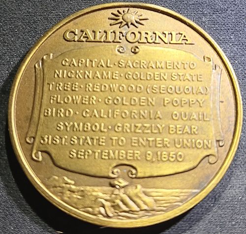 CALIFORNIA STATE Bronze MEDAL TOKEN CA GOLDEN GATE BRIDGE GOLD PANNING BEAR