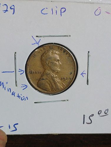 1929 LINCOLN WHEAT CENTS F-15 CLIP AND LAMINATIONS ON OBVERSE ERROR COIN