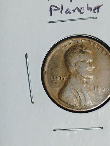1936 LINCOLN WHEAT CENT F-15 TAPERED PLANCHET 2,8 GRAMS ERROR COIN
