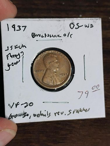 1937 LINCOLN WHEAT CENT VF-20 DETAILS: REV. SCRATCHES, BROADSTRUCK & S/T GREASE ERROR