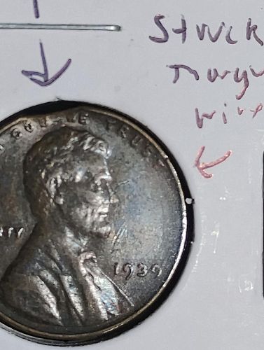 1939 LINCOLN WHEAT CENT XF-45 CLIP & STRUCK THROUGH OBVERSE & SLIGHT ROTATED DIE