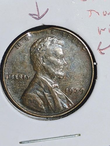 1939 LINCOLN WHEAT CENT XF-45 CLIP & STRUCK THROUGH OBVERSE & SLIGHT ROTATED DIE