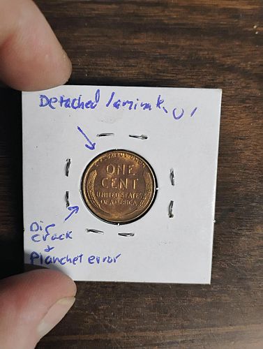 1939 LINCOLN WHEAT CENT MS-63 BN, DIE CRACK & PLANCHET ERROR, LAMINATION ERROR COIN