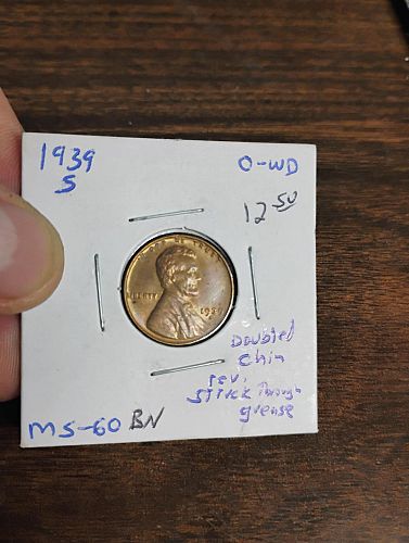 1939-S LINCOLN WHEAT CENT MS-60 BROWN, DBLD CHIN OBVERSE, STRUCK THROUGH GREASE REV.