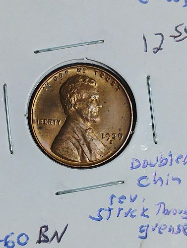 1939-S LINCOLN WHEAT CENT MS-60 BROWN, DBLD CHIN OBVERSE, STRUCK THROUGH GREASE REV.
