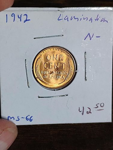 1942 LINCOLN WHEAT CENT MS-66, RED LAMINATION ON REVERSE  & ROTATED DIE ERROR COIN
