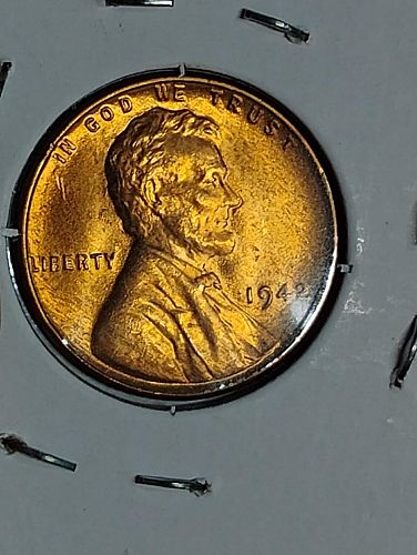 1942 LINCOLN WHEAT CENT MS-66, RED LAMINATION ON REVERSE  & ROTATED DIE ERROR COIN