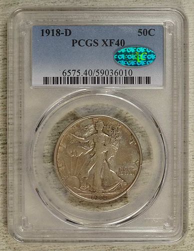 1918-D Walking Liberty Half Dollar, Extremely Fine, PCGS/CAC XF-40, Scarce CAC