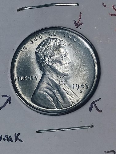 1943-S LINCOLN WHEAT CENT  MS-65 BIE DIE BREAK, STRUCK THROUGH GREASE OBVERSE ERRORS