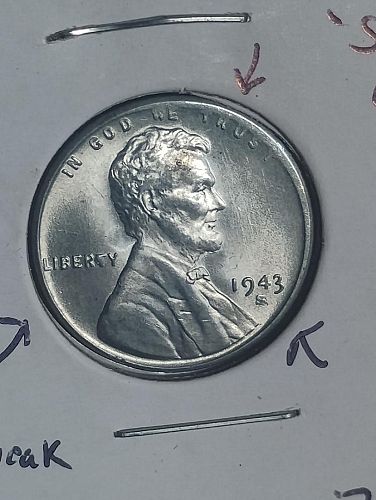 1943-S LINCOLN WHEAT CENT  MS-65 BIE DIE BREAK, STRUCK THROUGH GREASE OBVERSE ERRORS