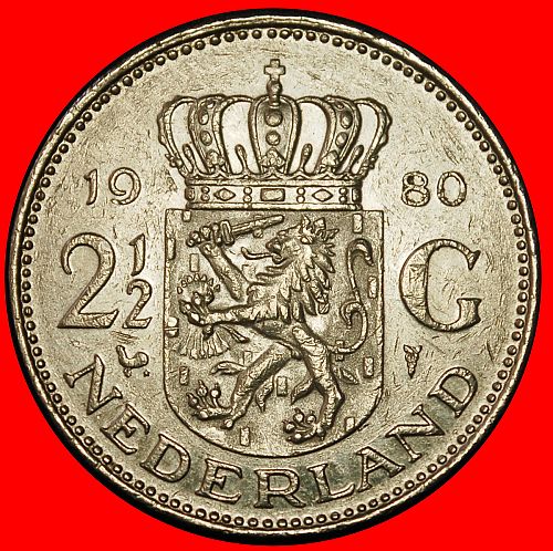 Ⰶ PORTRAIT SINISTER: NETHERLANDS★2 1/2 GULDEN 1980 COCK and STAR! JULIANA (1948-1980)