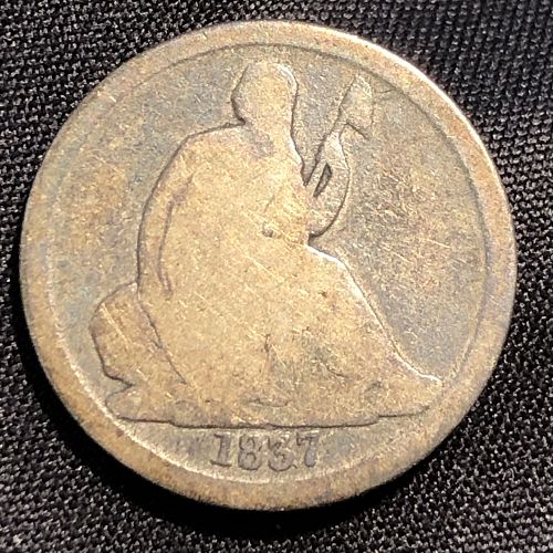 1837 P Seated Liberty Dime Silver Coin - Large Date - AG (About Good) condition