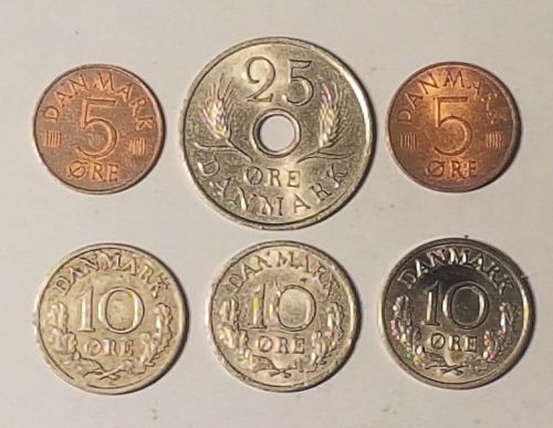 Lot 6 Coin Denmark 5 10 25 Ore 1967 1970 1971 1972 1973 1978