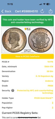 1964-FM Andorra Silver Proof 50 Diners Napoleon Bonaparte