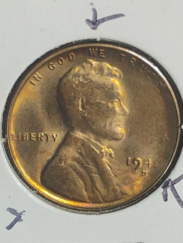 1946-S LINCOLN WHEAT CENT MS-63 RB STRUCK THROUGH GREASE OBVERSE & REVERSE ERROR COIN