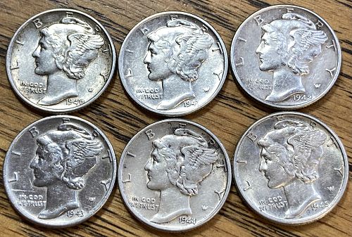 6 EXTREMELY FINE mercury dimes 1940-1945 Philadelphia minted great upgrades