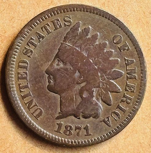 1871 (Bold N) Indian Head Cent, G+/VG condition
