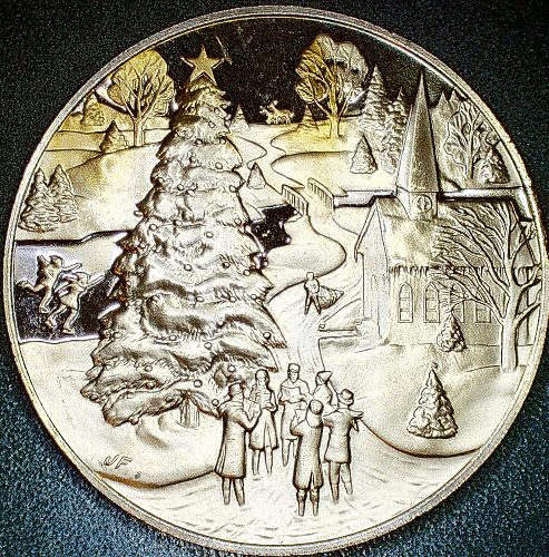 1971 Frank Mint .Bronze Christmas Village and Deer Proof Medal 38mm