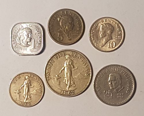 Lot 6 Coin Philippines 1 5 10 25 sentimos 1969 1972 1975 10 25 centavos 1962 1963