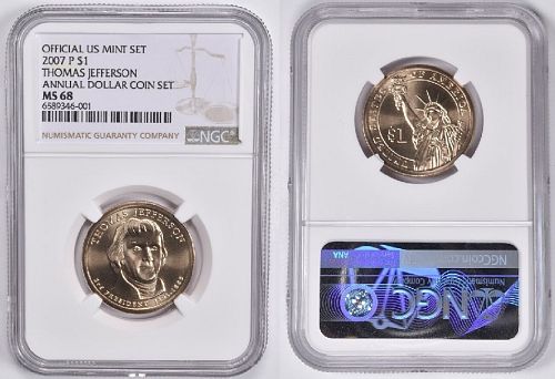 MS68 2007-P Thomas Jefferson Annual Set Presidential Dollar NGC