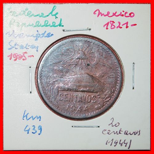 Ⰶ PYRAMID OF THE SUN (1943-1974): MEXICO ★ 20 CENTAVOS 1944 ASTRONOMY! IN HOLDER!
