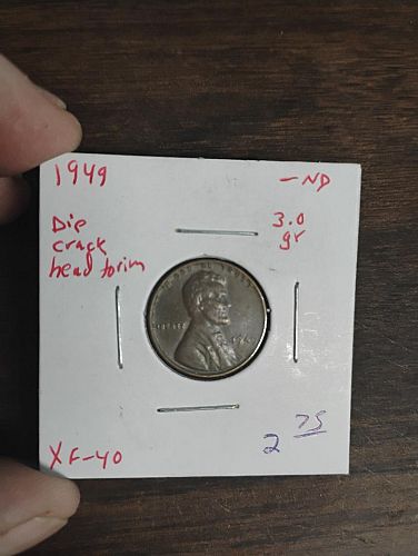 1949 LINCOLN WHEAT CENT XF-40 DIE CRACK FROM HEAD TO RIM ON OBV. ERROR COIN