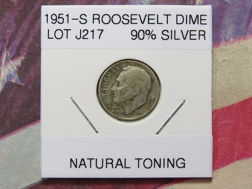 1951-S ROOSEVELT DIME ~ 90% SILVER - NATURAL TONING - LOT J217